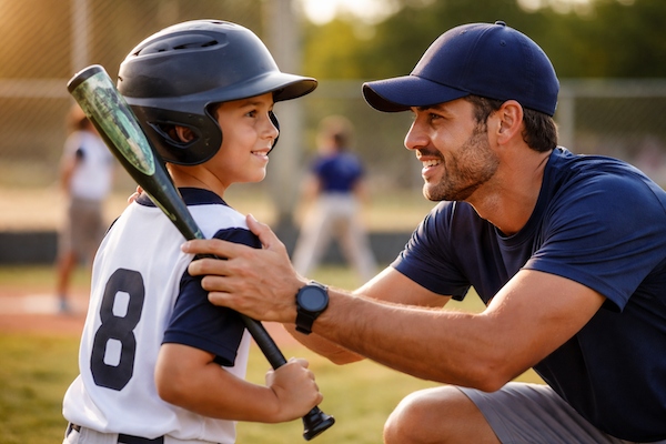 Dad speaking to baseball son